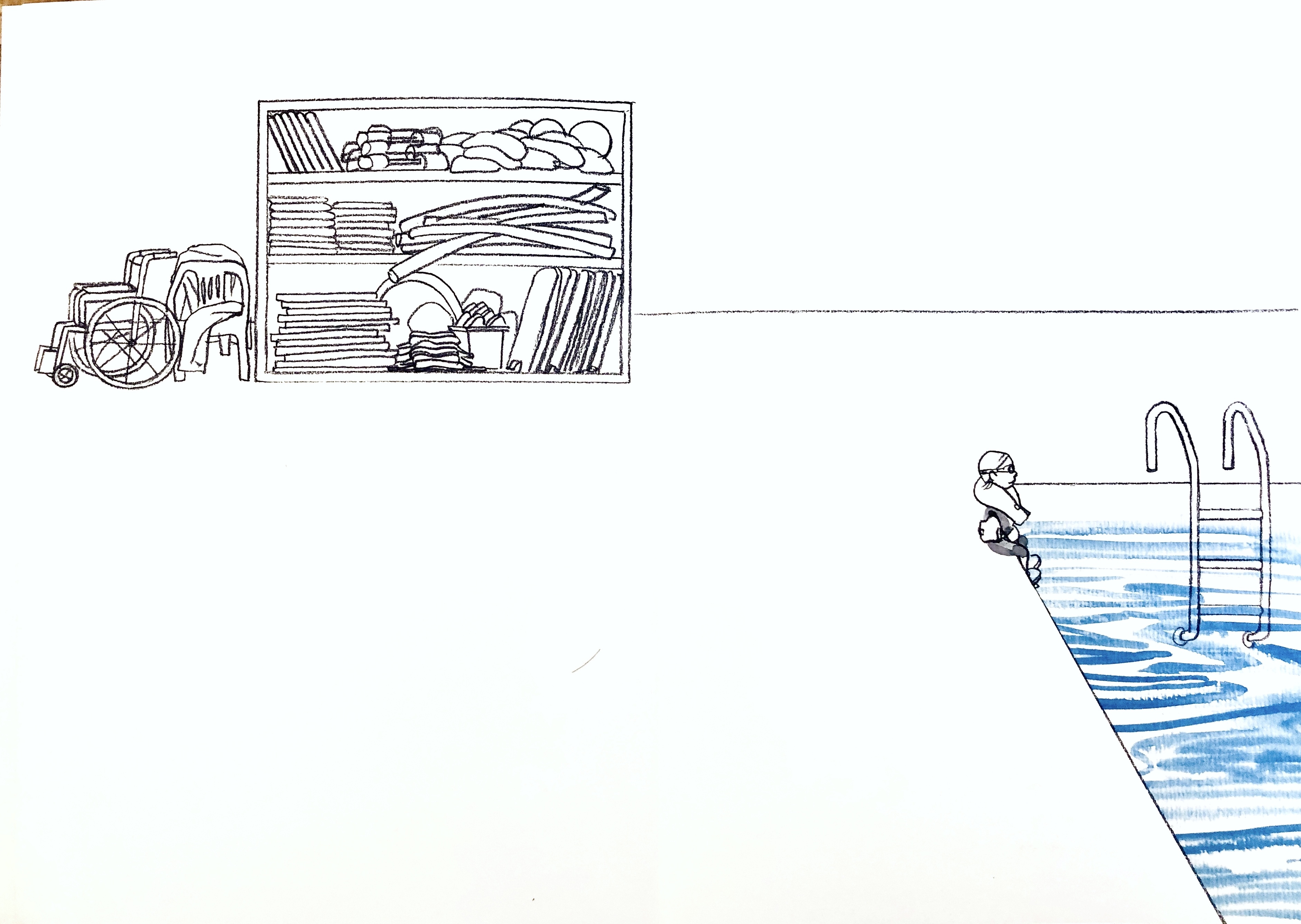 《成為水的夢》第一頁，Suzy Lee在不起眼處畫了一台輪椅