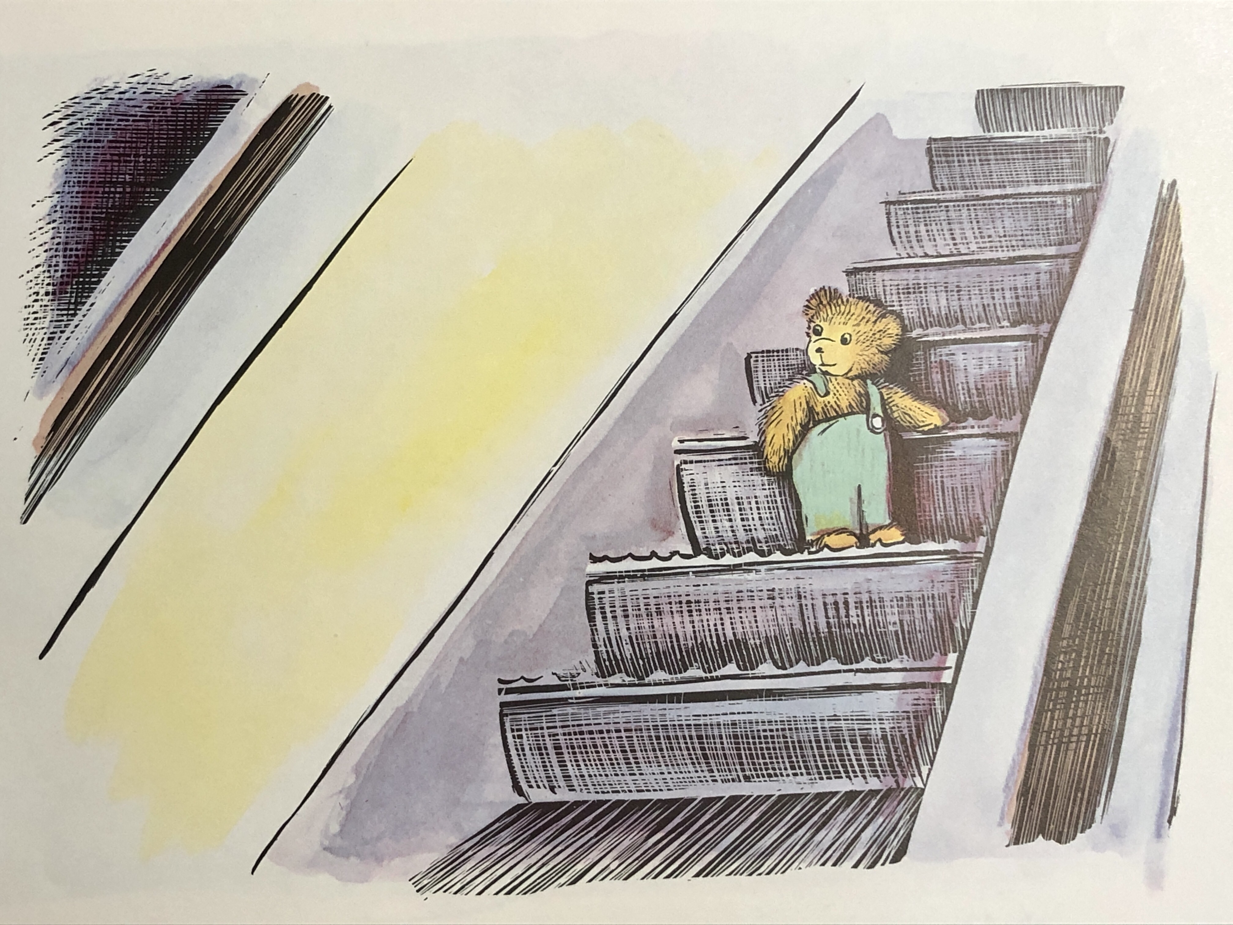 圖說：小熊可可在無人的百貨公司搭電梯。圖片取自《小熊可可》內頁。