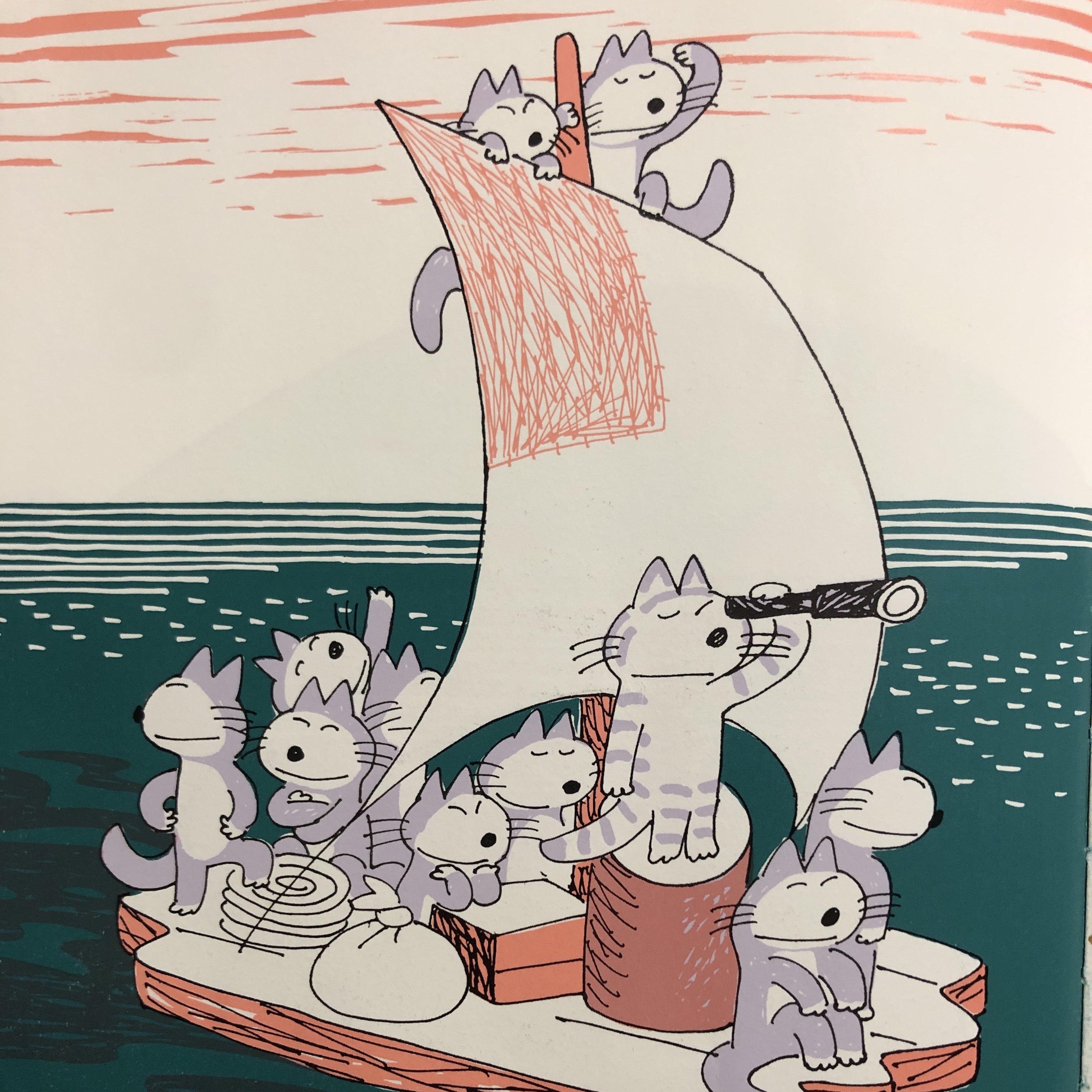 後記：日本的貓繪本真的很多，尤其喜歡畫成群結隊的貓！最經典的就是馬場登（1927~2001）的「11隻貓」系列，不會硬要說教的無厘頭風格，在風靡超過半個世紀之後的今天仍然是非常值得一看的故事；近年還有很受歡迎的「野貓軍團」系列。這兩個系列的貓咪長相大不同，馬場登的貓藍白相間、手腳靈活，工藤紀子（1970~）的貓則黃黃圓圓，一臉賊頭賊腦的搞笑模樣，不過，這兩團野貓的共同特色就是喜歡團進團出，一起調皮搗蛋搞事，幽默的情節讓人看了都會哈哈大笑。圖左為《11隻貓》（11ぴきのねこ）內頁，圖右為《野貓軍團飛上天》（ノラネコぐんだんそらをとぶ）內頁。