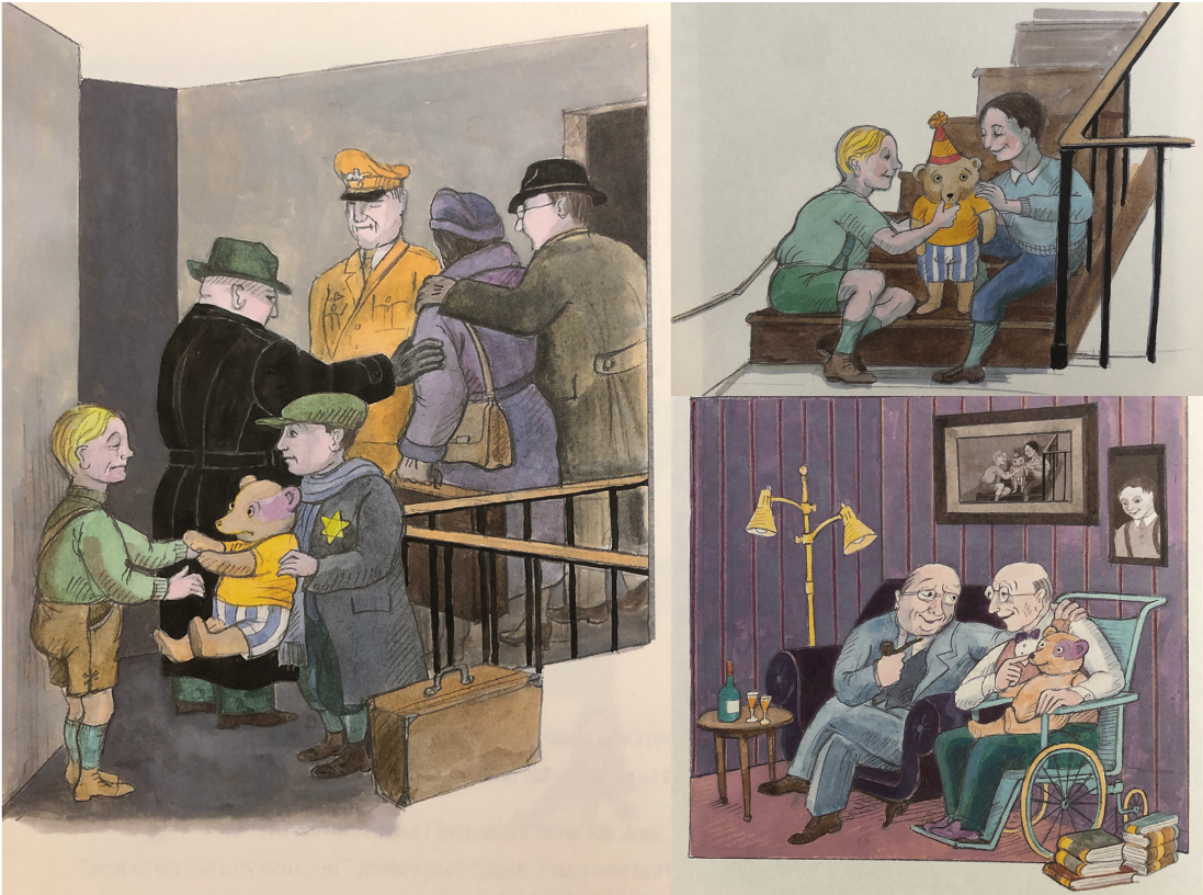 後記：除了可可之外，另一隻舉世聞名的小熊娃娃是繪本大師湯米．溫格爾（Tomi Ungerer，1931~2019）筆下的奧圖，在他一九九九年出版的作品《我是泰迪熊奧圖》（Otto: The Autobiography of a Teddy Bear，暫譯）中，他用這隻小熊娃娃的在不同人手上的流轉經歷，闡述戰爭的殘酷無情，但也在故事中保留一絲人情的暖意。圖片取自《奧圖》內頁，左側和右上的插畫是兒時的大衛、奧斯卡和奧圖，右下的插畫是多年後他們三個重聚的樣子，牆上還掛著當年大衛和奧斯卡一起和奧圖玩的照片。