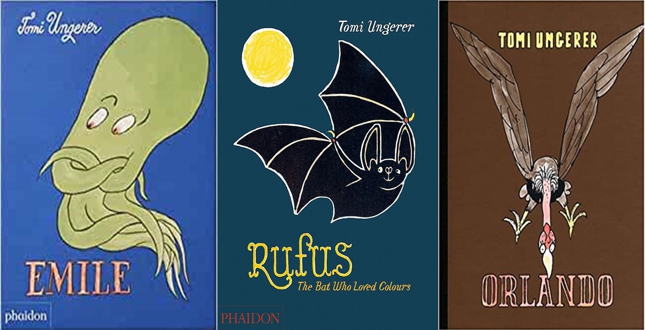 圖說：溫格爾一九六○年代出版了《大章魚艾米爾》、《熱愛色彩的蝙蝠魯弗斯》（Rufus: The Bat Who Loved Colors，暫譯）、《勇敢禿鷹奧蘭多》（Orlando, the Brave Vulture，暫譯），圖片皆出自Amazon。