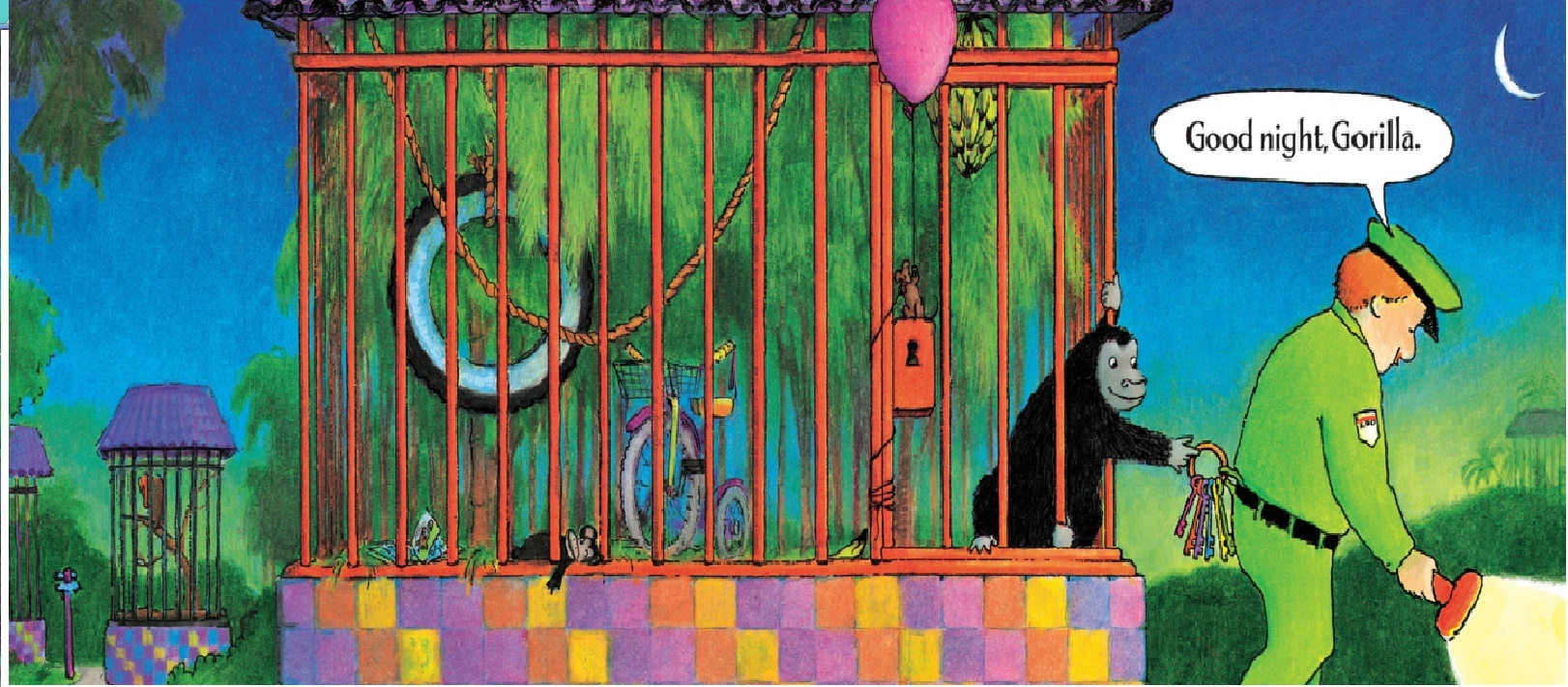 後記：描繪動物園動物和管理員相處的故事，還有經典的睡前共讀繪本《晚安，猩猩》（Good night, Gorilla），那是繪本作家佩琪．芮士曼（Peggy Rathmann，1953～）在一九九四年出版的作品。書中，調皮的猩猩偷走管理員的鑰匙，一一幫動物們打開籠子，跟著管理員回家睡覺。管理員躺到床上之後把燈關上，黑暗中動物們互道「晚安」、「晚安」、「晚安」的聲音，驚醒了管理員的太太，動物們只好乖乖的回到動物園，但還是有兩個小傢伙又偷偷跑出來⋯⋯除了故事幽默有趣之外，畫面上猩猩淘氣的表情和靈活的動作，都非常讓人喜愛，也使得這本書在將近三十個年頭中，持續陪伴許多小朋友度過了快樂的睡前時光，和他們互道了無數次心滿意足的晚安晚安晚安。圖為Good night, Gorilla內頁。