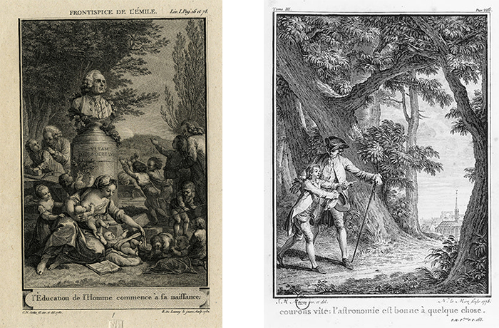 左：《愛彌兒》卷首圖；下方文字：人的教育從他出生就開始。右：《愛彌兒》插圖，教導愛彌兒學習跑步，第二卷。